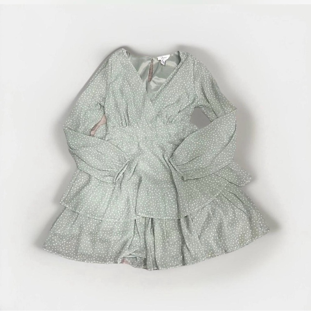Japna Mint Green Polka Dot Puff Sleeve Ruffle Feminine Fairy Core Mini Dress